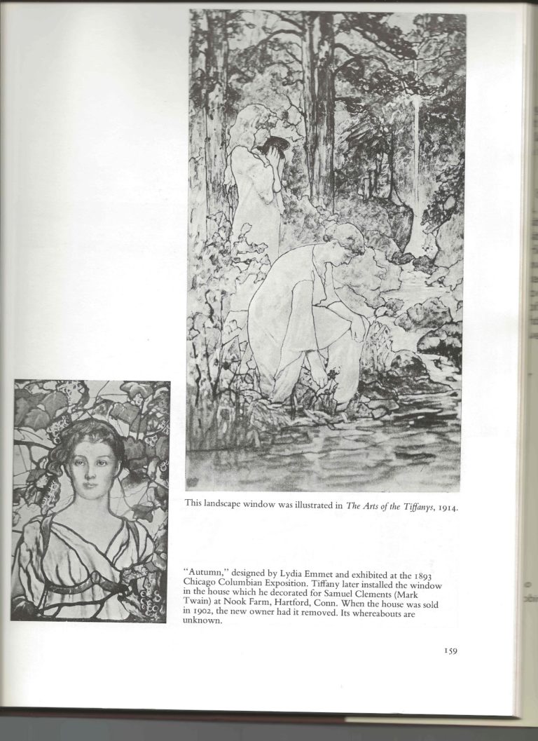 "Autumn," designed by Lydia Emmet and exhibited at the 1893 Chicago Columbian Exposition, Tiffany later installed the window in the house which he decorated for Samuel Clemens (Mark Twain) at Nook Farm, Hartford, Conn. When the house was sold in 1902, the new owner had it removed. Its whereabouts are unknown.