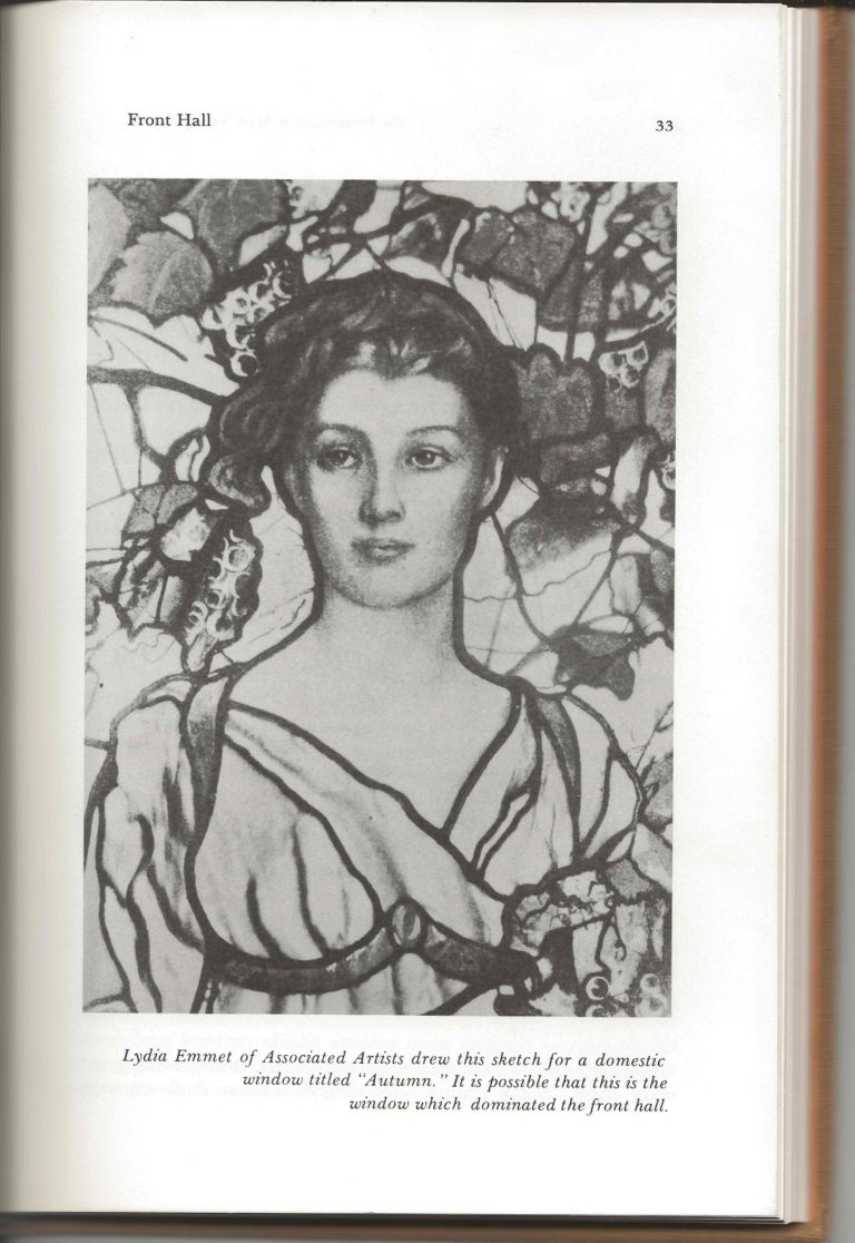 Lydia Emmet of Associated Artists drew this sketch for a domestic window titled "Autumn." It is possible that this is the window which dominated the front hall.